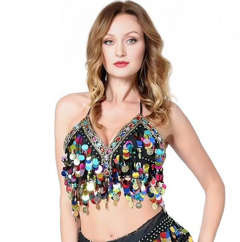 Baisdan Women Sequin Belly Dance Bra Top, Sparkly Fringe Tassel Halter Top Festival Carnival Costume Black