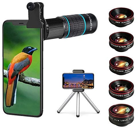 Phone Camera Lens Kit 10 in 1 for iPhone Samsung Pixel Android, 22X Telephoto Lens, 0.62X Super Wide Angle Lens&25X Macro Lens, 235° Fisheye,Kaleidoscopes, Starlight,Tripod,for Most Smartphone Black