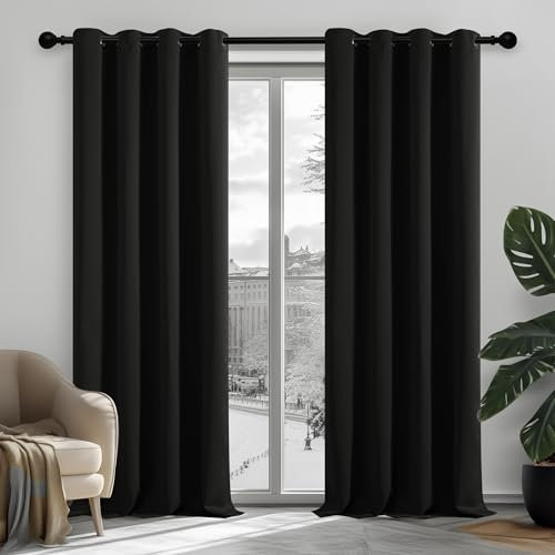 Deconovo Vorhang Verdunkelung Ösen Gardinen Schlafzimmer Thermogardine Kälteschutz Ösen, 200x140 cm(HöhexBreite), Schwarz, 2er Set