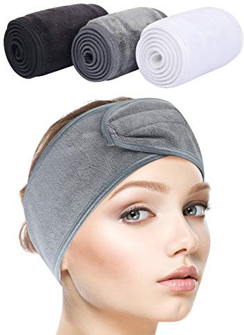 SINLAND 3 Stück Haarband für Make Up Kosmetik Stirnband Frottee Verstellbare Haarschutzband mit Klettverschluss für Gesicht Sport Yoga Spa
