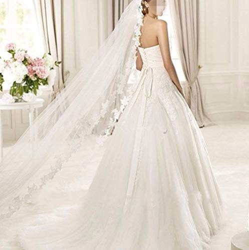 UMOOIN 2019Brautschleier 3m Lange Dom Hochzeit Braut Schleier Weiß Elfenbein Spitze Applikationen Kante Tüll Hochzeitszubehör,Elfenbein