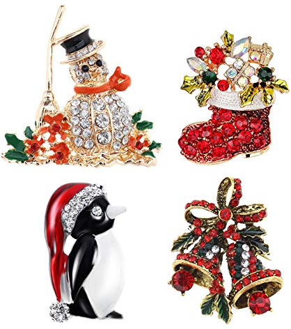 OTOTEC Juego de 4 broches de Navidad para festivales de Navidad, color rojo, campana, muñeco de nieve, pingüino, fiesta, para manualidades, mochilas, chaquetas, sombreros