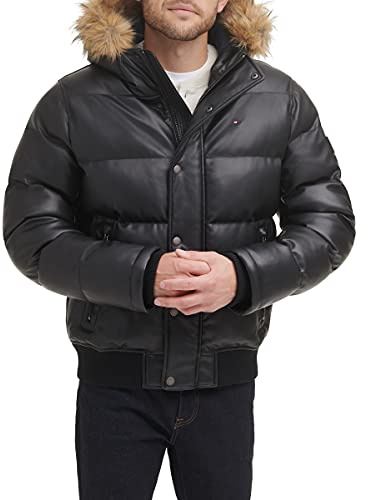 Tommy Hilfiger Men's Quilted Arctic Cloth Snorkel Bomber Jacket with Removable Hood (Standard and Big & Tall) Parka, Black Faux Leather, S