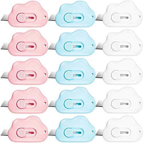 15 Pieces Mini Utility Knives Candy Color Box Cutter Retractable Letter Opener Cloud Envelope Slitter Carton Opener Portable Cute Paper Cutter (Pink, Blue, White)