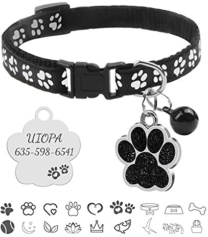 Uiopa Katzenhalsband, Hundemarke mit Gravur, Hundehalsband mit Name Katzenhalsband mit Glöckchen, Halsband Katze Katzen Halsbänder für Hauskatzen, Kleine Hund, Verstellbar 19-32cm (Schwarz)