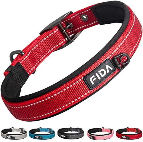 Fida Padded Dog Collar, Metal Belt Buckle Dog Collar for Small Dogs, Red | Metal Belt Buckle for Safety, Soft Neoprene for Comfort, Reflective Stitching for Night Walks, ID Tag Ring, Double Layer, 50g