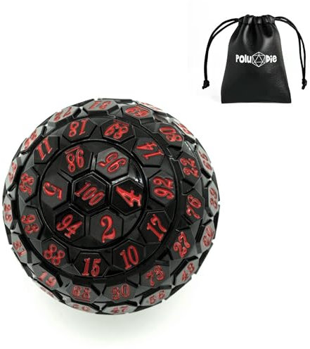 Poludie 100 Seiten polyedrische Würfel, Single D100 Spielwürfel, 100 Seiten Würfel mit schwarzer Tasche, D100 Würfel 48 mm (schwarz mit roter Zahl)