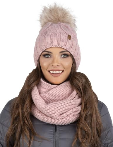 VIVISENCE Trendiger Damen Winter Set Aus Bommelmütze Und Loop-Schal Aus Wärmendem Garn Mit Innenfutter Aus Vlies Perfekte Passform Für Kalte Wintertage Modisches Design, Rosa,Einheitsgröße