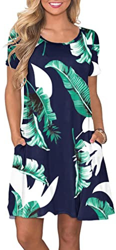 AUSELILY Vestidos Verano Mujer Vestido T-Shirt Casual Manga Corta con Bolsillos Estampado Azul L