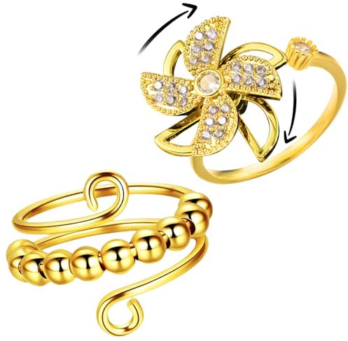 XiXiRan Spinner Ring Set - 2 Stück Anxiety Ring Gold, Verstellbar, Blume, Anti-Stress Drehbar, Mode-Accessoires, Legierung