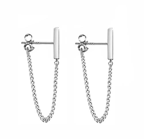 Reffeer Ohrstecker aus massivem 925er-Sterlingsilber, minimalistische Bar-Ohrringe mit Kette, baumelnde Ohrringe für Damen (6cm Chain-Silver)