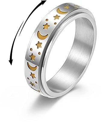 Edelstahl Spinner Ringe Mond und Stern Fidget Stress Linderung Angst Rotate Freely Engagement Wedding Promise Band Luminous Glow in The Dark Jewelry Gift for Women Men Boys Girls, 5, Edelstahl, Neu