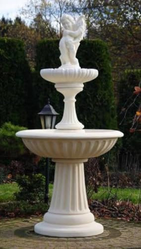 Casa Padrino Jugendstil Springbrunnen Junge mit Fisch Weiß Ø 92 x H. 185 cm - Prunkvoller Gartenbrunnen - Gartendeko Brunnen - Barock & Jugendstil Garten Deko Accessoires