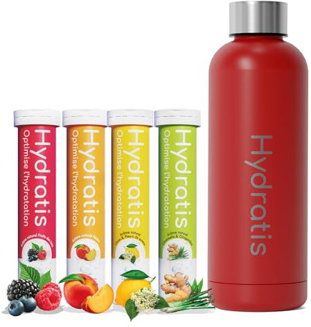 HYDRATIS - Pack 4 Tubes de Pastilles Effervescentes avec Electrolytes + Gourde 500ml Rouge - Optimise l'Hydratation - Citron/Fleur de Sureau + Fruits des Bois + Pêche + Citronnelle/Gingembre