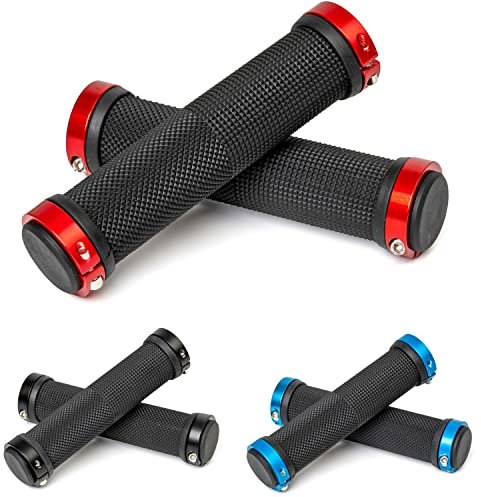 Fahrradgriffe Set, 1 Paar Links rechts, in Schwarz, für Lenkergriffe bis Ø 22 mm, 135 mm Griffstück, Fahrrad Lenker Griff mit Endkappe und rotem Befestigungsring, Fahrradlenkergriff MTB, Rennrad