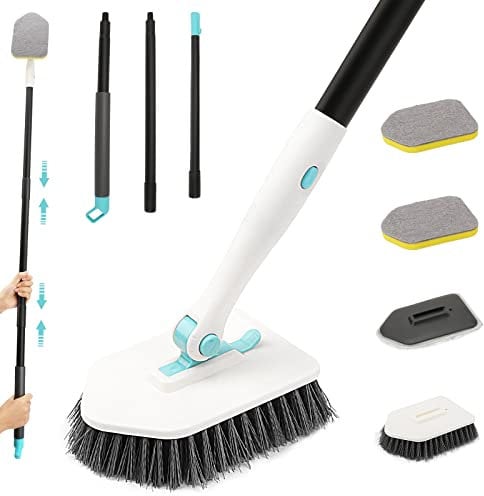 Canvint Bathroom Shower Cleaning Brush, Scrubbing Brush with 51'' Long Handle and Locking Head, Detachable Tile Cleaner Brush Cleaning Products for Shower Floor Bathtub Wall Glass (White)