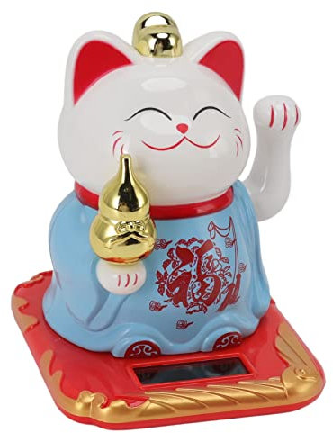 Luqeeg Gato de la Suerte Que Agita el Brazo, Gato Chino Vívido y Encantador, Estatua de Gato de la Fortuna Solar Decoración para Oficina Hogar y Automóvil (Azul)