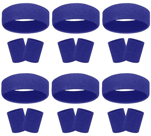 18-teiliges Schweißband-Stirnband-Armband-Set, bunt, gestreift, Frottee, Sport, Fitnessstudio, 80er Jahre, Schweiß-Stirnbänder, Handgelenkbänder (6er Pack-Dunkelblau)