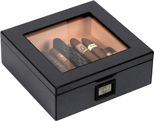 MAG Cave à cigares, couvercle en verre avec joint magnétique, stockage pour 20 à 30 cigares, fibre de carbone avec matériel noir poli, hygromètre numérique, cèdre espagnol, canal hydro