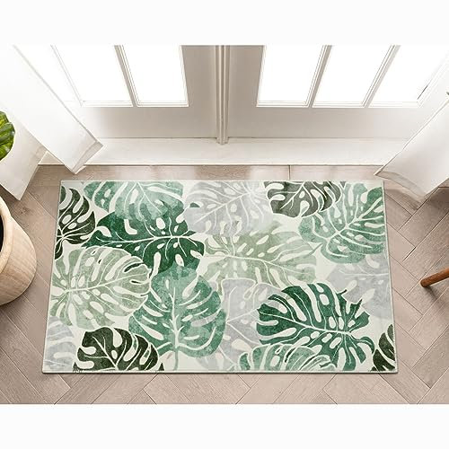 Wonnitar Tropical 2x3 Small Bathroom Rug, Washable Green Leaf Bath Mat, Non-Slip Cute Monstera Kitchen Sink Throw Rug, Low Pile Non-Shedding Floor Carpet for Bedside Dorm Doormat Decor