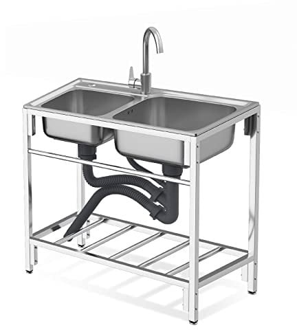 Large Double Bowl Sink,304 Stainless Steel Commercial Sink with Drainer Waste Portable Sink with Hot and Cold Water,for Laundry, Backyard, Restaurant 83x44x77cm
