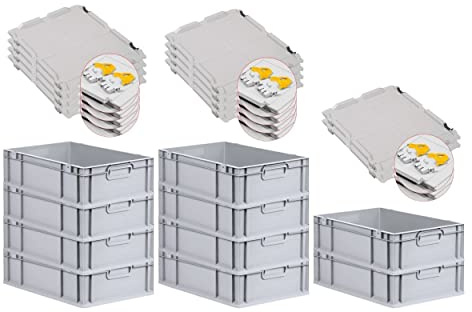 PROREGAL SuperSparSet 10x Eurobox NextGen Grip mit Scharnierdeckel und gelben Schiebeschnappverschlüssen, HxBxT 17x40x60cm, 34 L, Grau, Griffe geschlossen, Eurobehälter, Transportbox