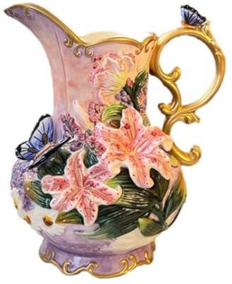 FORLONG Ceramic Large Water Pitcher Flower Vase, Hand-Painted Pink Lily and Butterfly Design Home Decor Bouquet Holder-8 H Inches