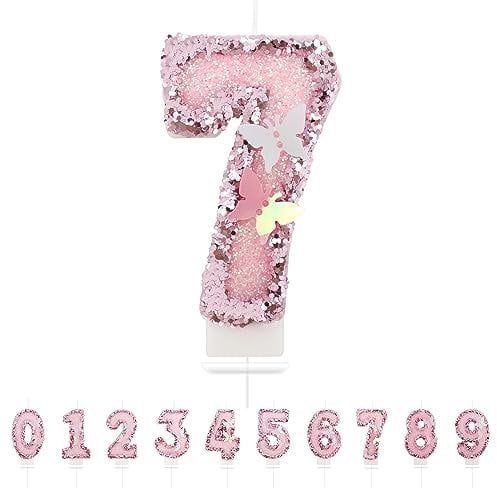 Number 7 Candle,Pink Butterfly Birthday Candles 7 for Girl,Cake Topper Number Candles Birthday Decoration for Girls Birthday Party