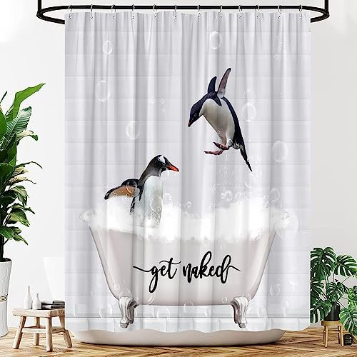 YOZSLGU Lustiger Pinguin-Duschvorhang, niedliches Tier, Badewanne, weiß, modern, kreativ, Stoff, Badezimmer-Dekor, Vorhänge-Set mit Haken, 177,8 x 177,8 cm
