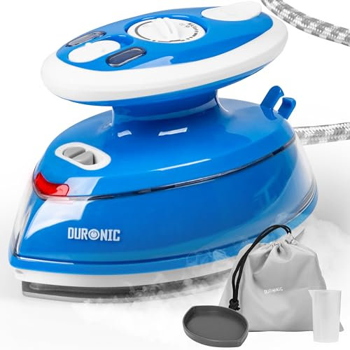 Duronic SI3 BE Mini Ferro da Stiro, Ferro da viaggio a vapore 400W, Serbatoio 35ml, Steamer portatile con base d’appoggio e borsello da viaggio, Per lavori di cucito, quilting, Blu