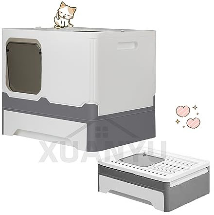 XUANYU Groß Katzentoilette mit Abdeckung, Geschlossene Katzentoilette, Groß Katzenklo mit Deckel und Schaufel, 2 Eingangstüren, Geräumig für Katzen bis 7 kg/15 lbs (Grau-weiß L-45×35×38 cm)