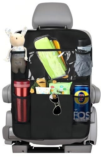 Kinwodon Black Car Seat Organiser, Car Back Seat Protector with Clear Touch Screen Tablet Holder Car Organiser Back Seat for Kids Car Seat Storage Accessories