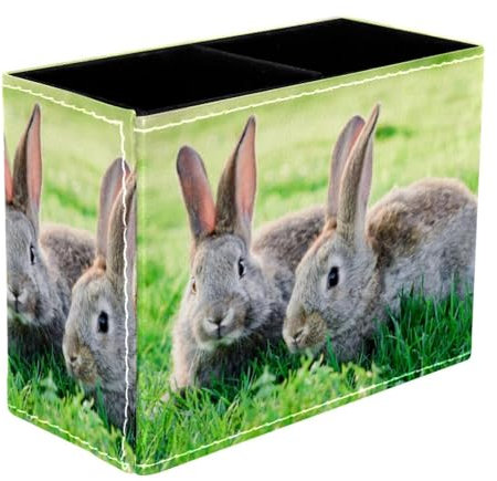 VAPOKF Pot à crayons lapins sur herbe pour bureau, 2 compartiments, pot à crayons, pinceaux de maquillage, organisateur de fournitures de bureau pour la maison et le bureau