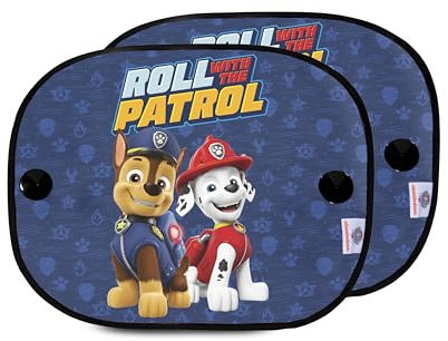 Paw Patrol Set mit 2 mikroperforierten Auto-Sonnenblenden mit den Figuren Chase und Marshall. Schützt vor Sonneneinstrahlung und Hitze.