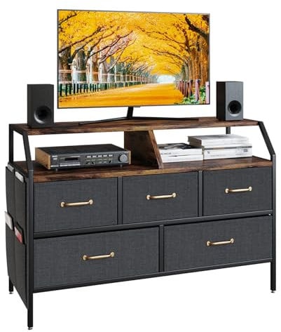 TREETALK TV Cabinet, TV Stand with 5 Fabric Storage Boxes and 4 Divided Side Pockets,Rustic Console Table with Unique Bevel Angle Adjustable Leg Pads for Living ROOM Bedroom Office