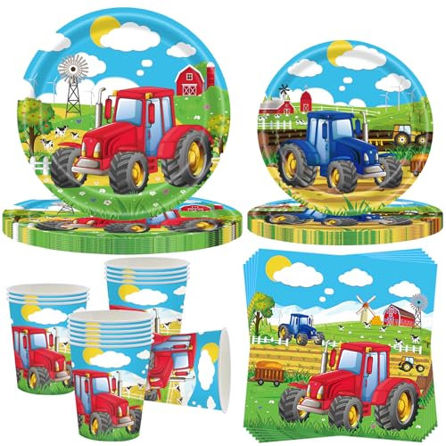 OMZSXK Vajilla de Fiesta Tractor para 10 Invitados - Platos, Tazas y Servilletas para Decoración de Fiestas de Cumpleaños Infantiles