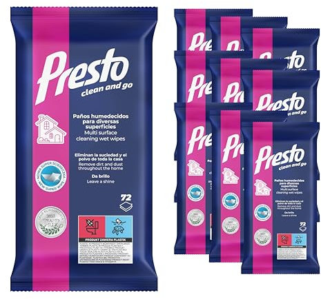 Presto Lingettes Nettoyantes pour Surfaces Diverses - Lingettes Universelles Pré-Humidifiées - Nettoient Efficacement Meubles, Terres Cuites, Panneaux, Carreaux, Céramiques - Parfum Floral - 12x72 Pcs