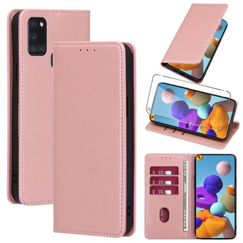 Vauki Coque Cuir pour Samsung Galaxy A21s 4G 6.5 avec 1 Verre Trempé Etui à Rabat en PU Porte-Cartes Portefeuille Support Flip Housse Magnétique Antichoc Anti-Rayures Case,Rose_Gold
