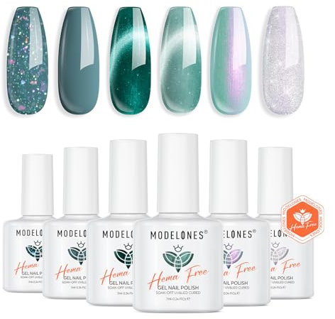 Modelones Hema Free Green Gel Nail Polish Set, 6 Colors Holographic 9D Cat Eye Glitter Gel Polish White Green Nail Polish with Magnet Soak Off Led Manicure Nail Art DIY Gifts