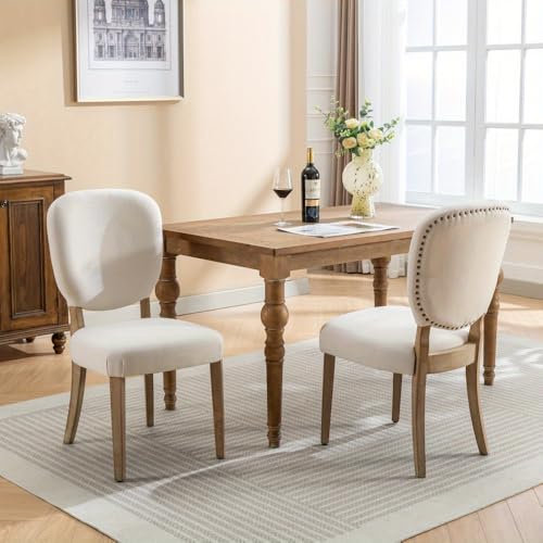 OCACA Esszimmerstühle 2er Set, Polsterstühle gepolsterter mit Kupfer Nagel Dekoration Stuhl Rücken, Vintage Esszimmerstuhl, Beine aus Massivholz, Verstellbare Vordersitzbeine, Leinensitze, Creme