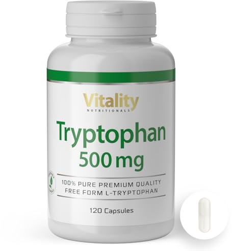 Tryptophan Hochdosiert mit 500 mg pro Kapsel (120 Stk) essentielle Aminosäure, Serotonin-Vorstufe, Nahrungsergänzung in Premium Qualität Vitality Nutritionals by VitaminExpress