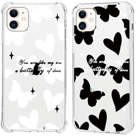Olgary 2 Piezas Funda con Cuerda para iPhone 11 con Dibujos Corazón y Mariposa Estampado Carcasa Transparente, PC Dura Caso Anti-Choque Ultra Fina Anti-rasguños TPU Bumper Cover Case