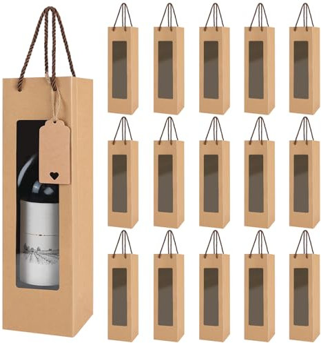 MOAMUN 81 PCS Kraft Wine Bottle Gift Bag Set - 30 Bags With Clear Window, 50 Tags and Ropes - Brown Reusable Bags With Handles for Wedding, Party, Holiday, Birthday