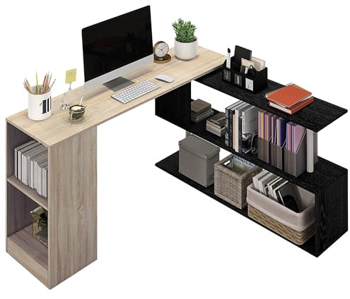 HOMCOM Scrivania Angolare Salvaspazio con Ripiano a S, Scrivania Moderna in Legno, 140x120x78 cm, Legno Naturale e Nero