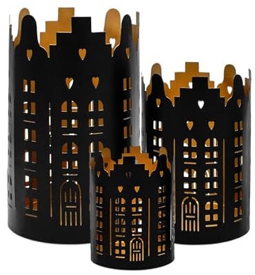 Metall Weihnachts Windlicht rund 3er Set - 20/15 / 10 cm - Deko Tisch Laterne Skyline schwarz - Tisch Kerzen Laterne Halter mit Lichtspiel Weihnachten Advent Stimmungslicht