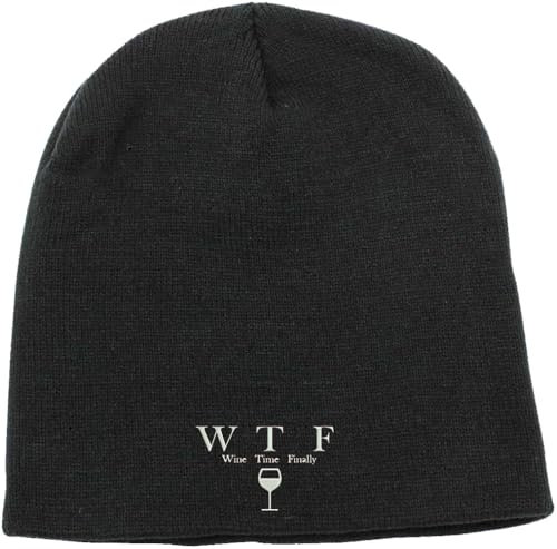 WTF Wine Time Finally Lustige bestickte Beanie-Mütze, Wintermütze, Schwarz , Einheitsgröße