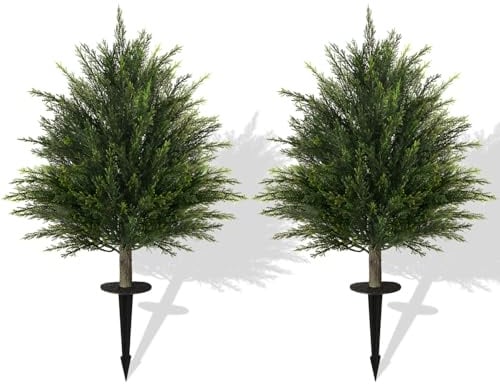 2 Stück Kunstpflanze Zeder Künstliche Pflanzen mit Erdspieß Formschnittbäume Zypressen Baum Outdoor UV Geschützt für Haus Wohnzimmer Garten Veranda Dekoration