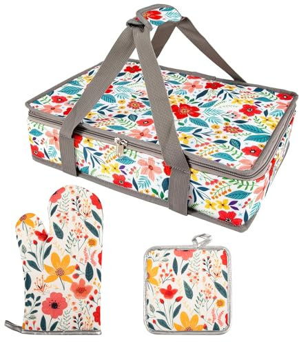 QEES Pioneer Woman Insulated Casserole Carrier for Hot or Cold Food, Fits 9x13 Baking Dish + Oven Mitts & Pot Holders Set, Traditional Floral Pattern, Cotton, Zipper Closure, Carrier Bag