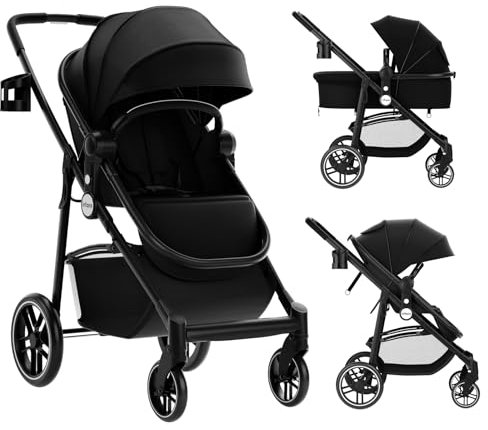 COSTWAY 2 in 1 Kinderwagen faltbar, Kombikinderwagen mit umkehrbarem Sitz & Liegefunktion, Reisebuggy tragbar mit verstellbarer Rückenlehne & Verdeck, Reisesystem für Baby bis 3 Jahren (Schwarz)