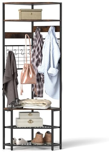 GOPLUS Eck-Garderobenständer mit Sitzbank, Eck-Kleiderständer mit Schuhregal, Flurgarderobe mit 12 Haken & Ablageflächen, Garderobenregal Flurregal für Schlafzimmer & Wohnzimmer (Rustikales Braun)